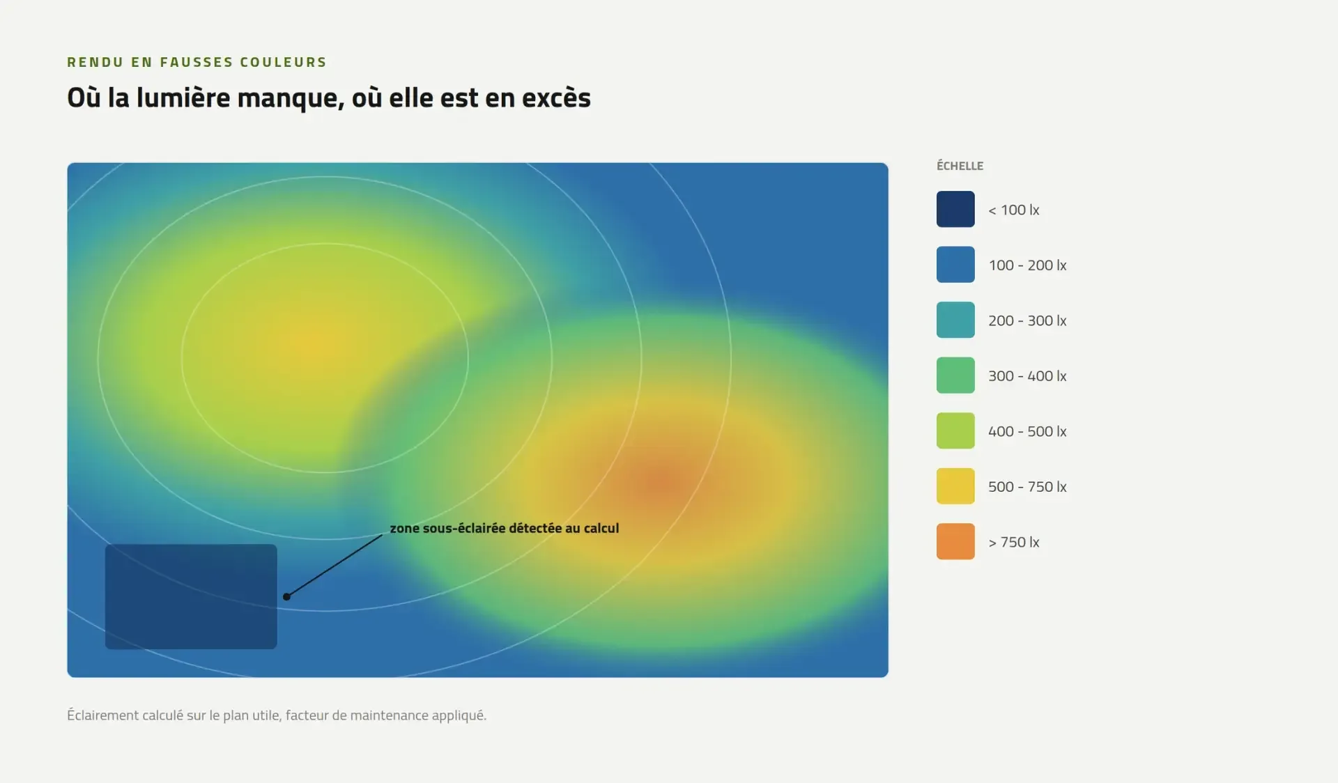 False-colour rendering of a photometric study: map of illuminance levels